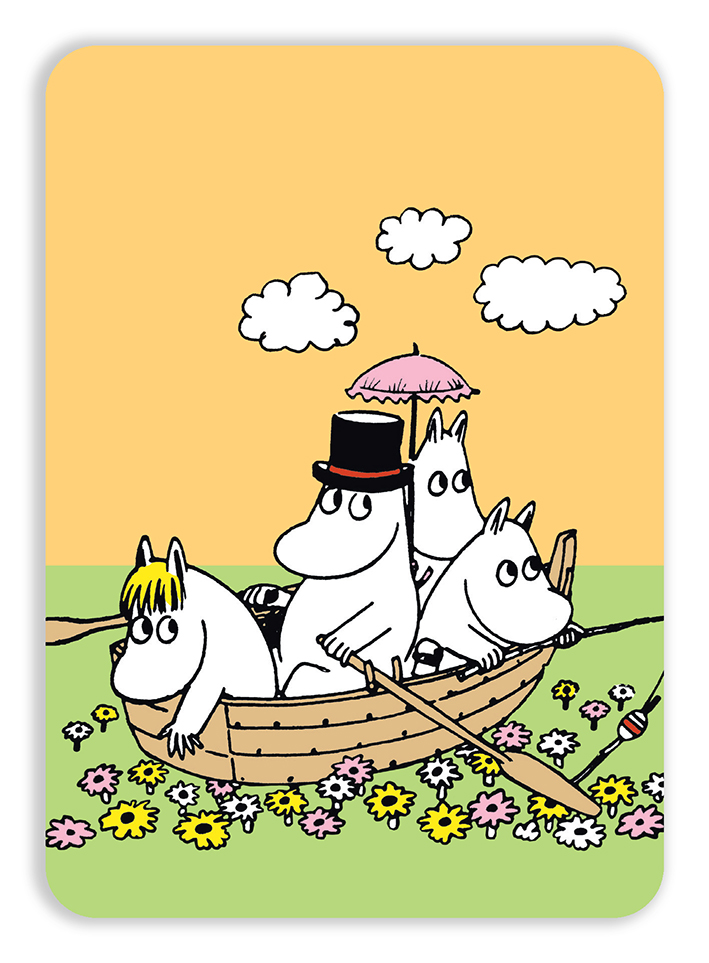 Putinki Postcard with rounded corners Moomins boating on a field
