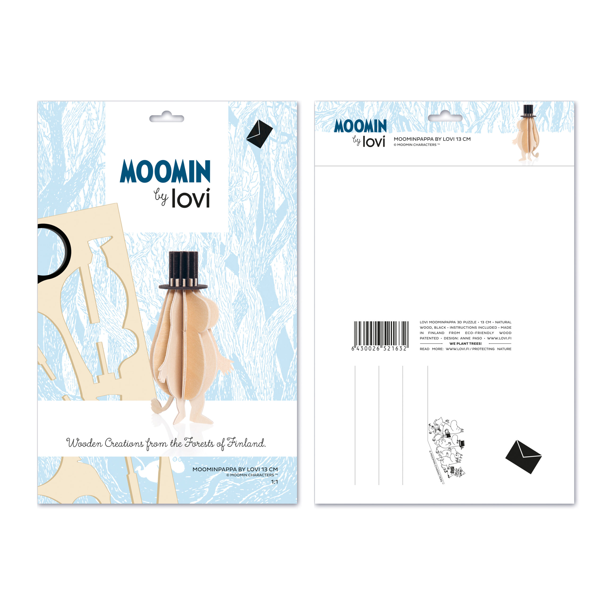 Moominpappa by Lovi, wooden 3D-puzzle, natural wood and black, package