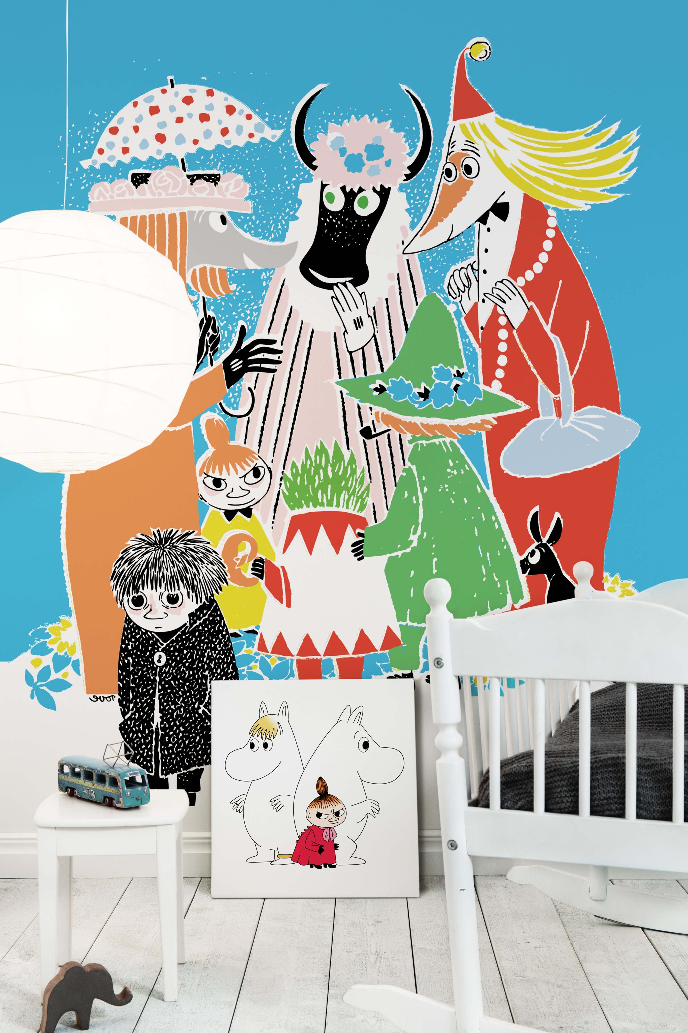 Wall mural "Moomin - Who will comfort Toffle?" and canvas print "Moomin, Snorkmaiden & Little My"