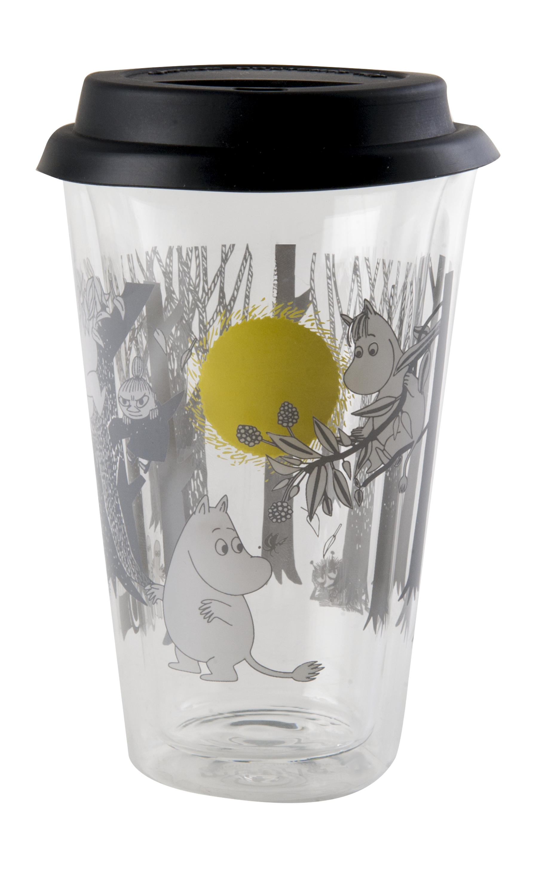 Muurla Glass Tumbler for hot drinks with silicon lid 4 dl, Moomin Forest